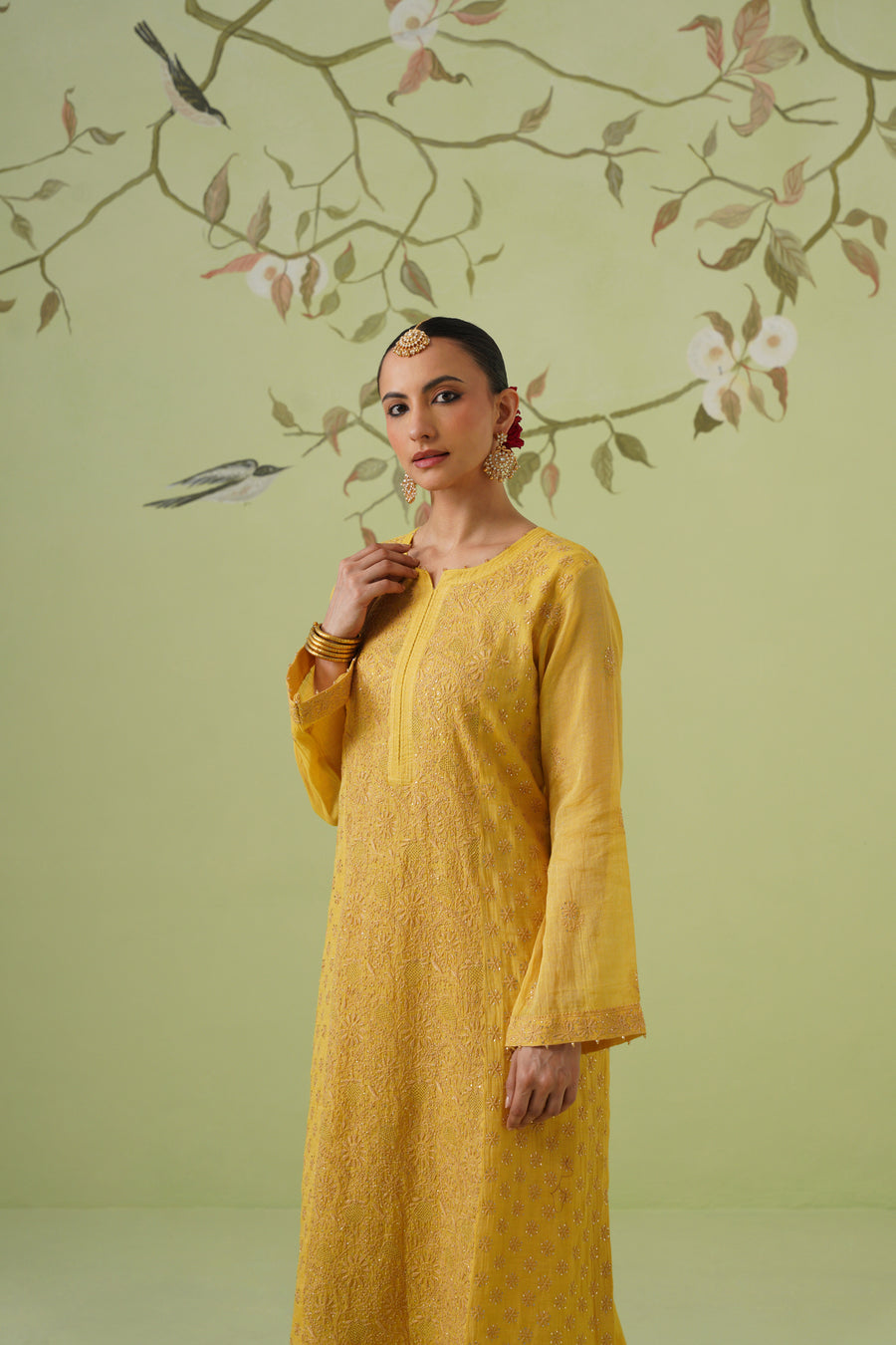 Tissue Chikankari 3pc Suit Set - Golden Yellow