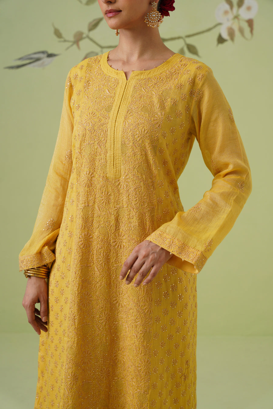 Tissue Chikankari 3pc Suit Set - Golden Yellow