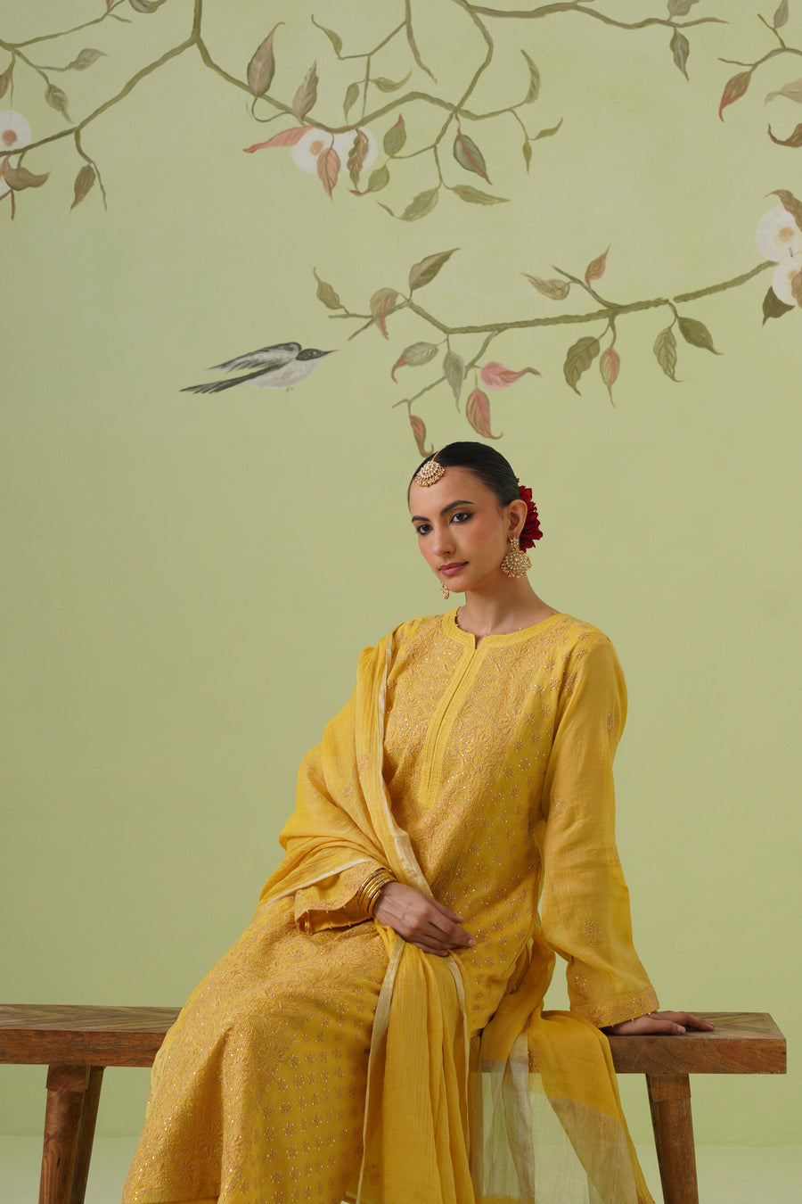 Tissue Chikankari 3pc Suit Set - Golden Yellow