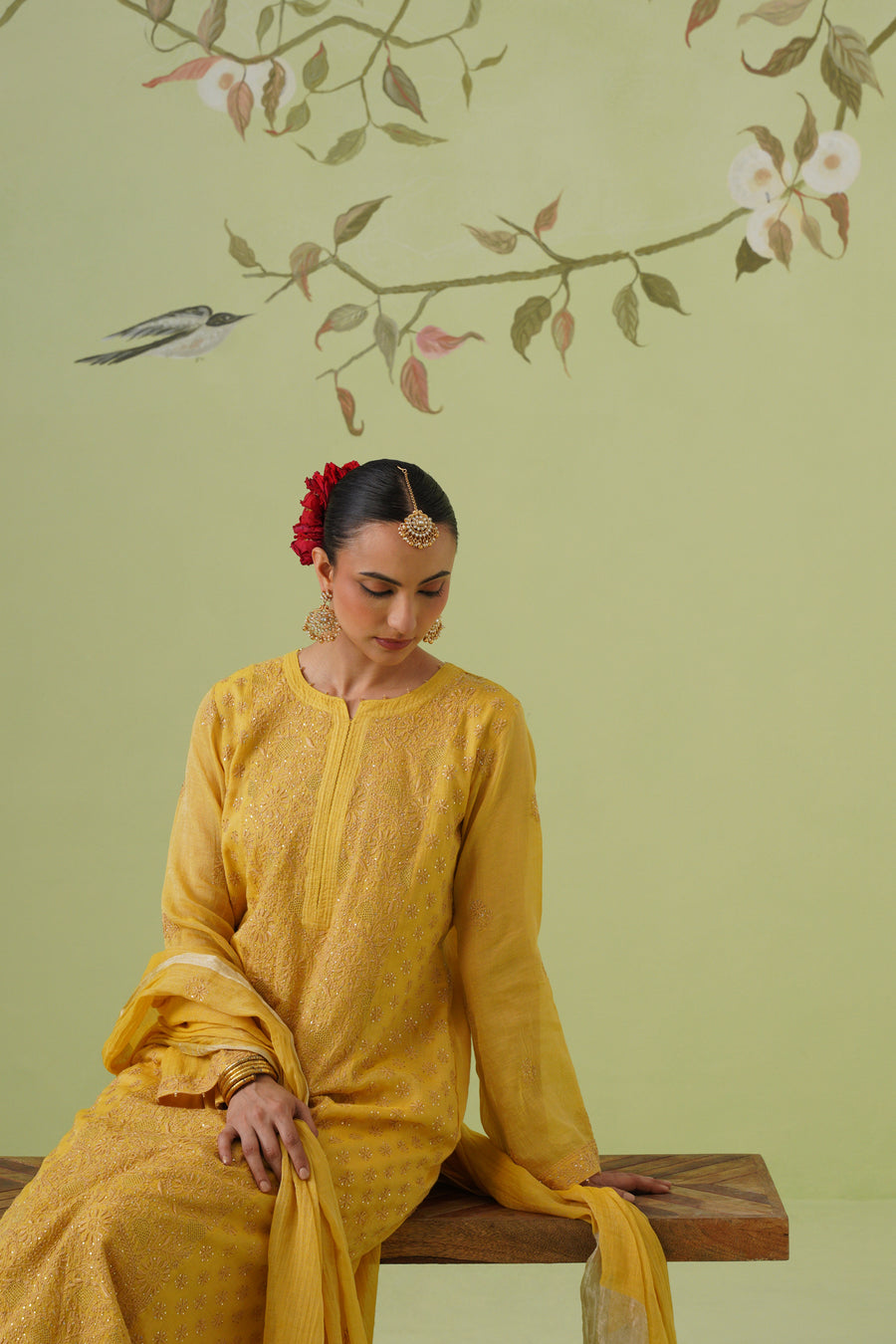 Tissue Chikankari 3pc Suit Set - Golden Yellow