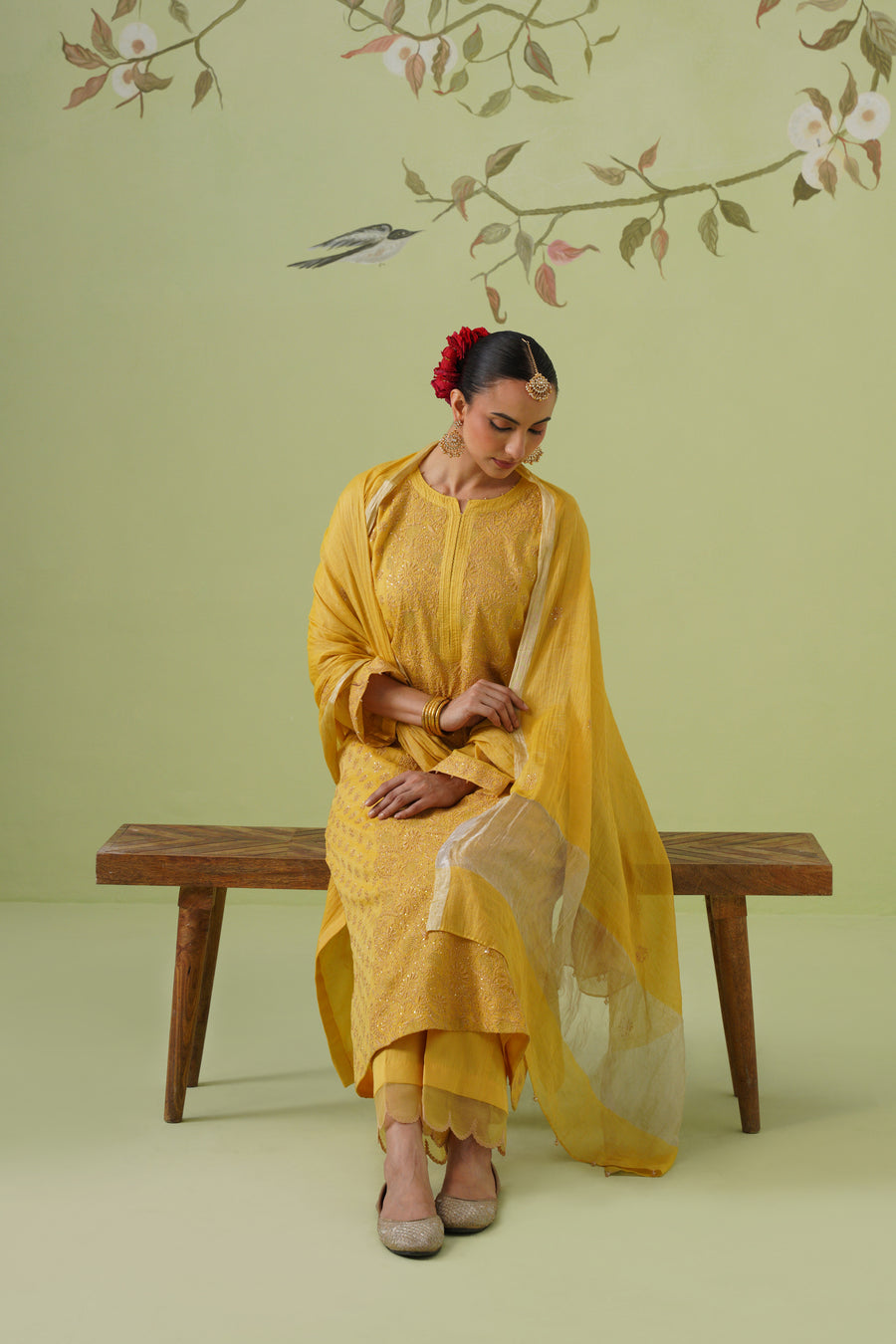 Tissue Chikankari 3pc Suit Set - Golden Yellow