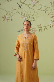 Mul Chanderi Mukesh Work 3pc Suit - Mustard Yellow