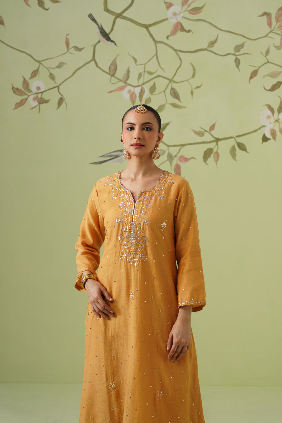 Mul Chanderi Mukesh Work 3pc Suit - Mustard Yellow
