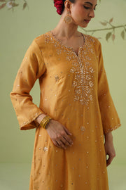 Mul Chanderi Mukesh Work 3pc Suit - Mustard Yellow