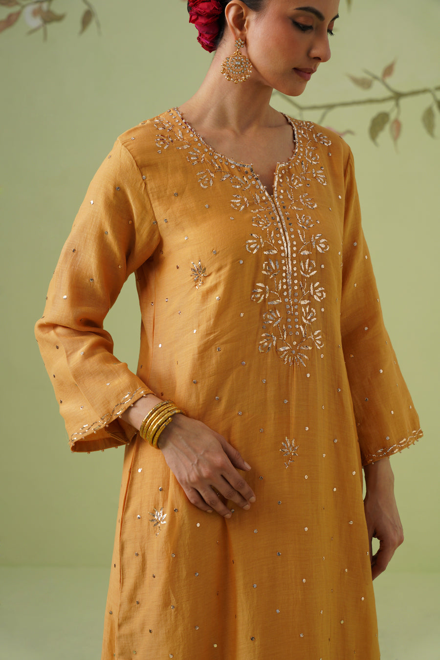 Mul Chanderi Mukesh Work 3pc Suit - Mustard Yellow