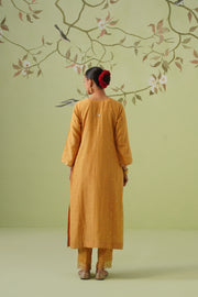 Mul Chanderi Mukesh Work 3pc Suit - Mustard Yellow