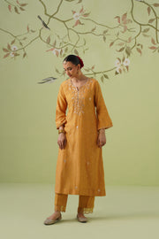 Mul Chanderi Mukesh Work 3pc Suit - Mustard Yellow