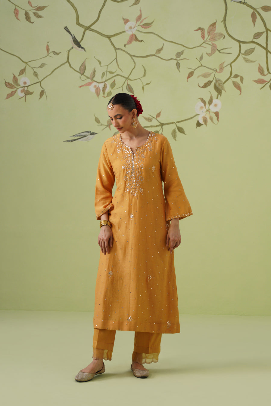 Mul Chanderi Mukesh Work 3pc Suit - Mustard Yellow