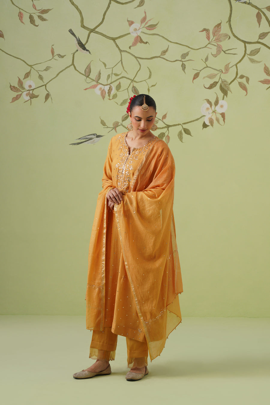 Mul Chanderi Mukesh Work 3pc Suit - Mustard Yellow