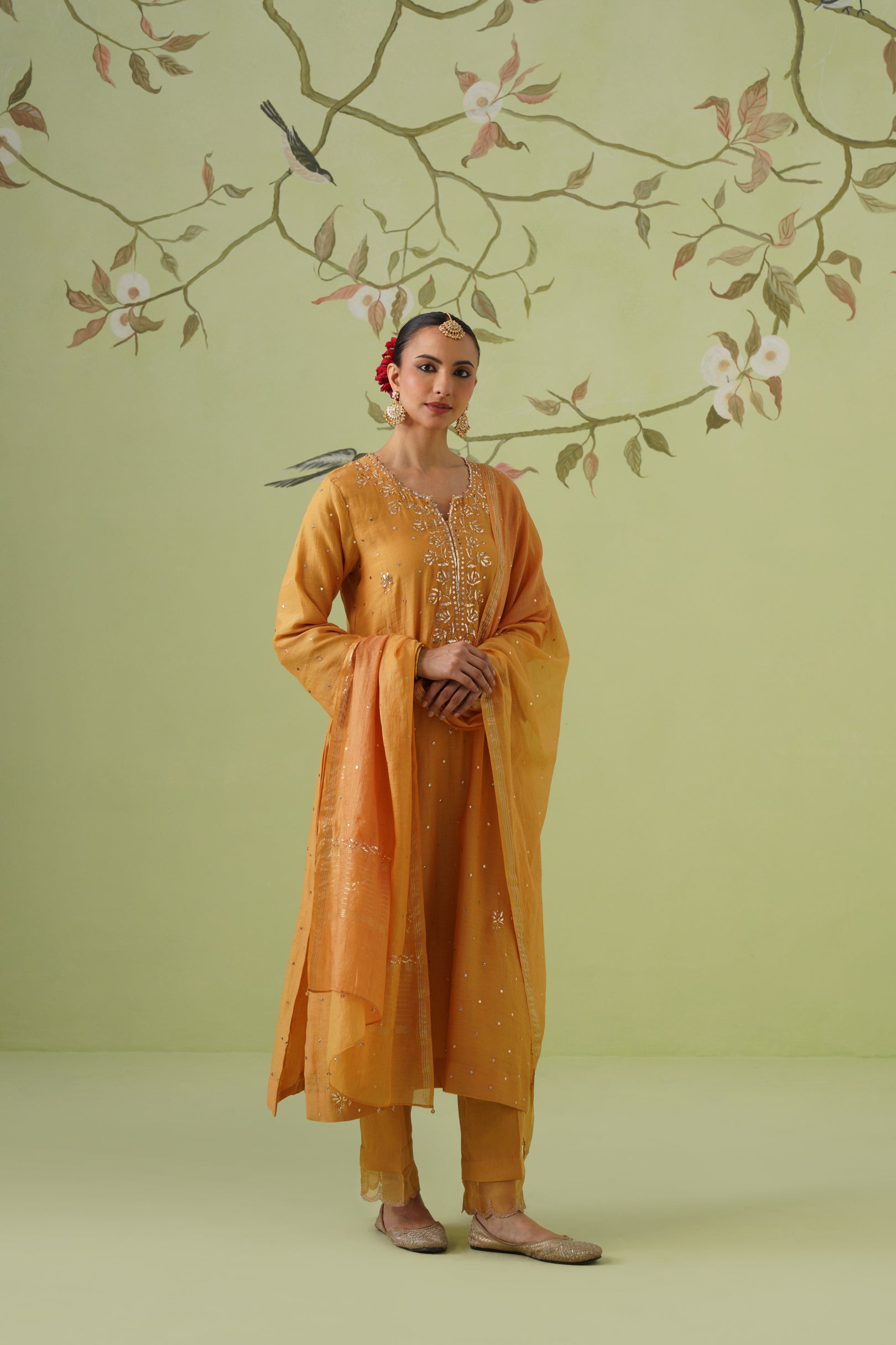 Mul Chanderi Mukesh Work 3pc Suit - Mustard Yellow