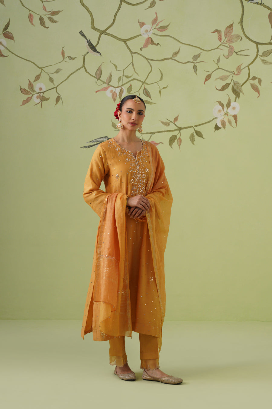 Mul Chanderi Mukesh Work 3pc Suit - Mustard Yellow
