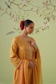Mul Chanderi Mukesh Work 3pc Suit - Mustard Yellow