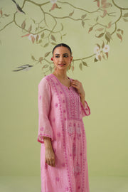 Chikankari Mul Chanderi Suit Set - Pink Cosmos