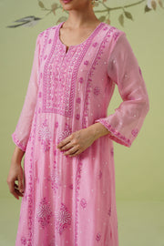 Chikankari Mul Chanderi Suit Set - Pink Cosmos