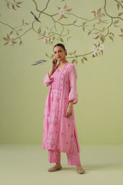Chikankari Mul Chanderi Suit Set - Pink Cosmos