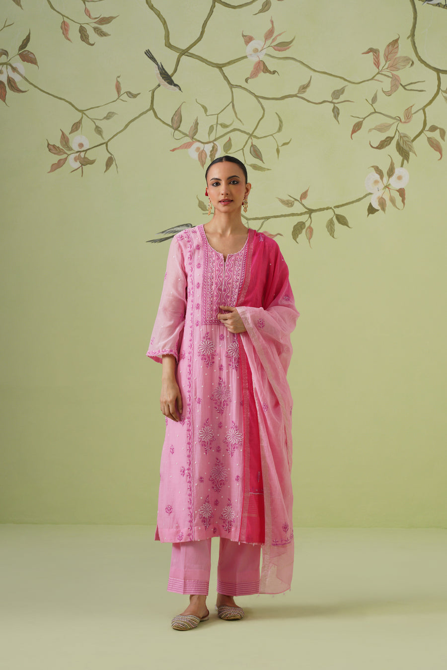 Chikankari Mul Chanderi Suit Set - Pink Cosmos