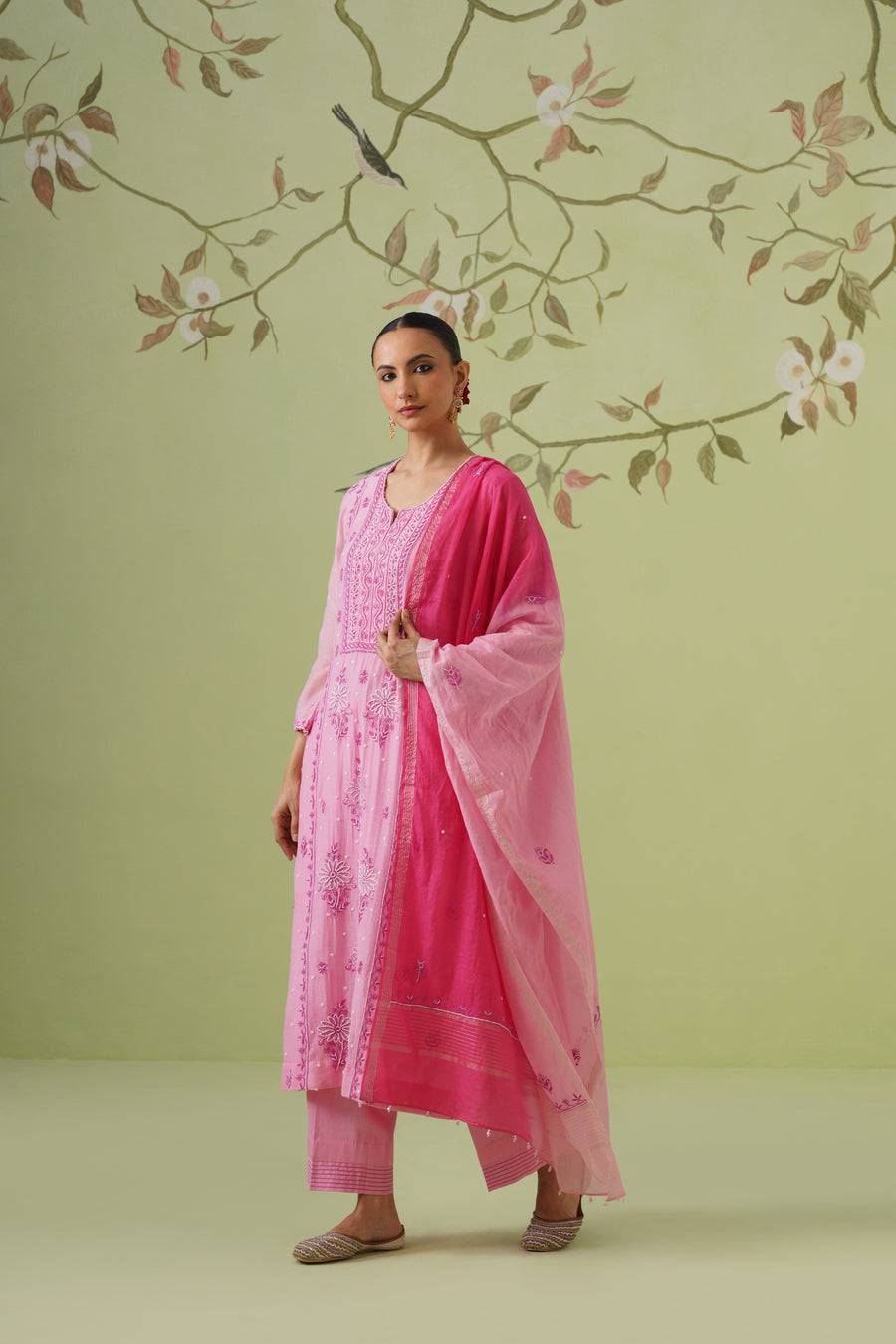 Chikankari Mul Chanderi Suit Set - Pink Cosmos