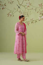 Chikankari Mul Chanderi Suit Set - Pink Cosmos