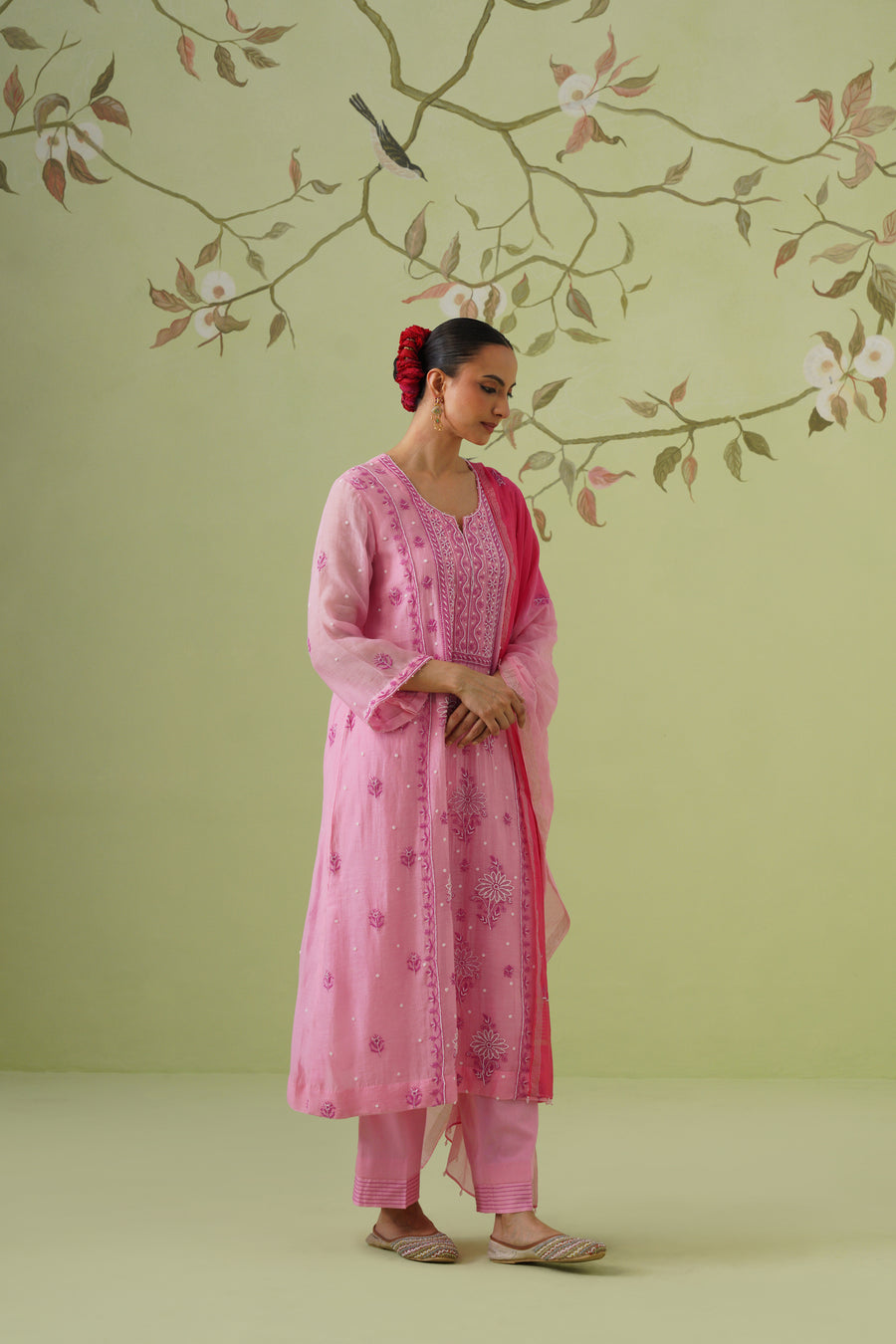 Chikankari Mul Chanderi Suit Set - Pink Cosmos