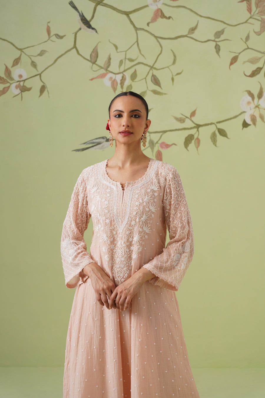 Chikankari Mul Chanderi Anarkali Set - Peach