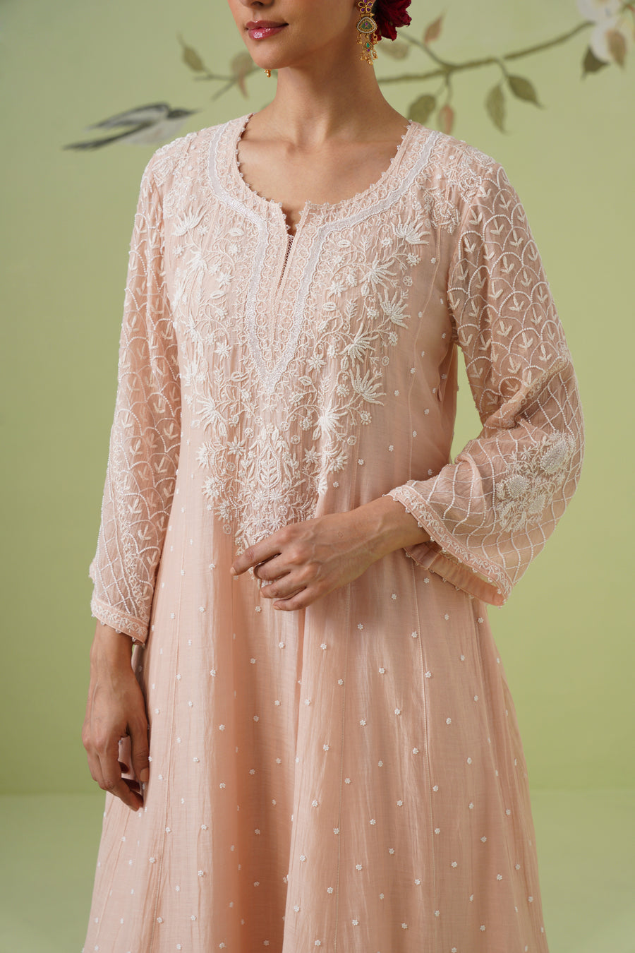 Chikankari Mul Chanderi Anarkali Set - Peach