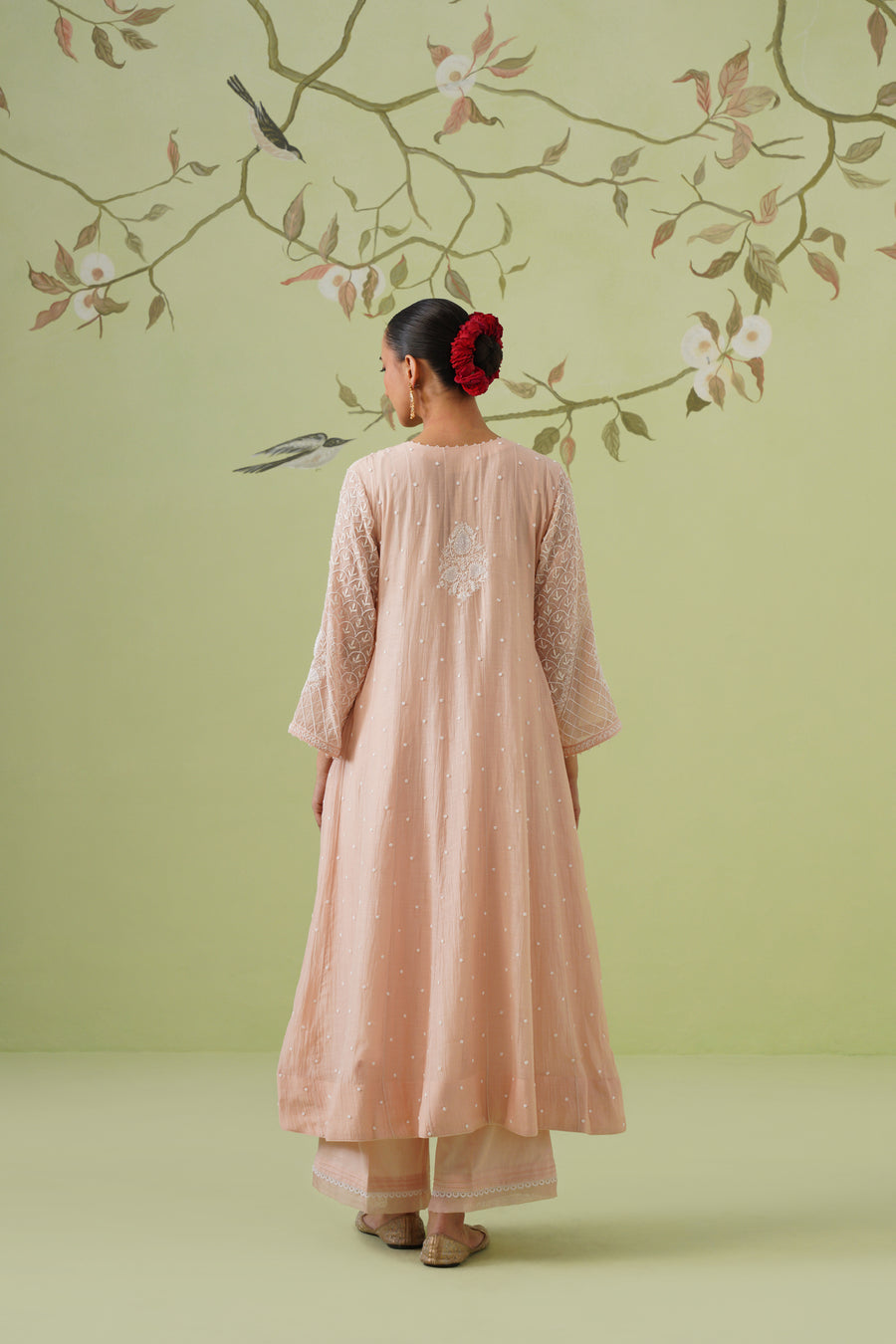 Chikankari Mul Chanderi Anarkali Set - Peach