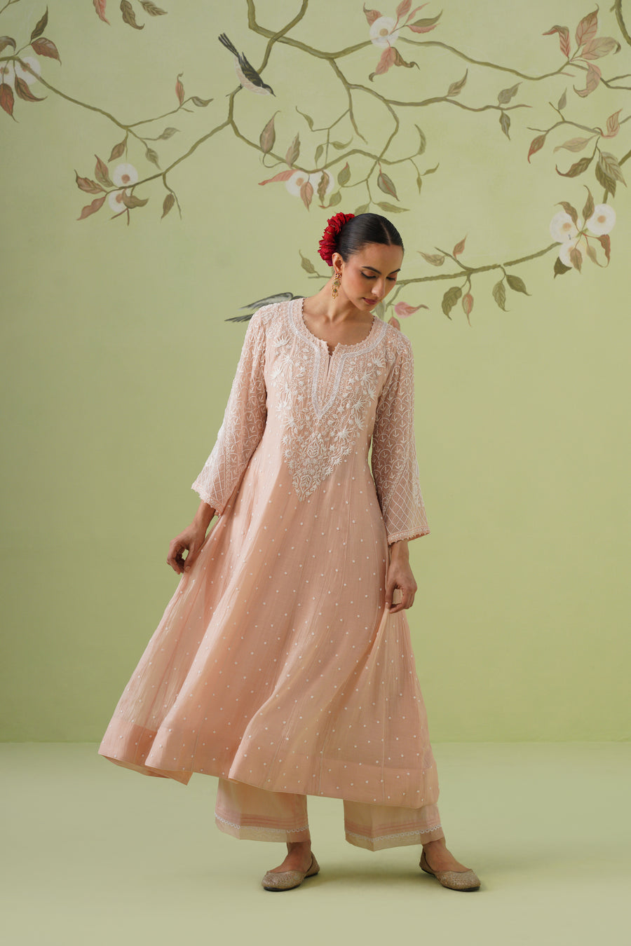 Chikankari Mul Chanderi Anarkali Set - Peach