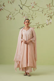 Chikankari Mul Chanderi Anarkali Set - Peach