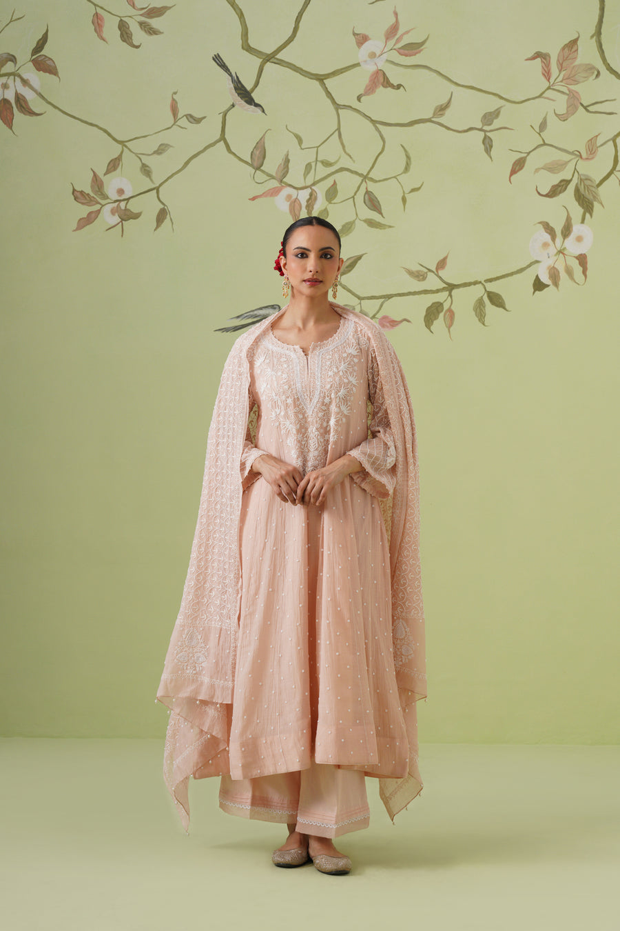Chikankari Mul Chanderi Anarkali Set - Peach