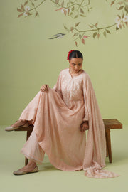 Chikankari Mul Chanderi Anarkali Set - Peach
