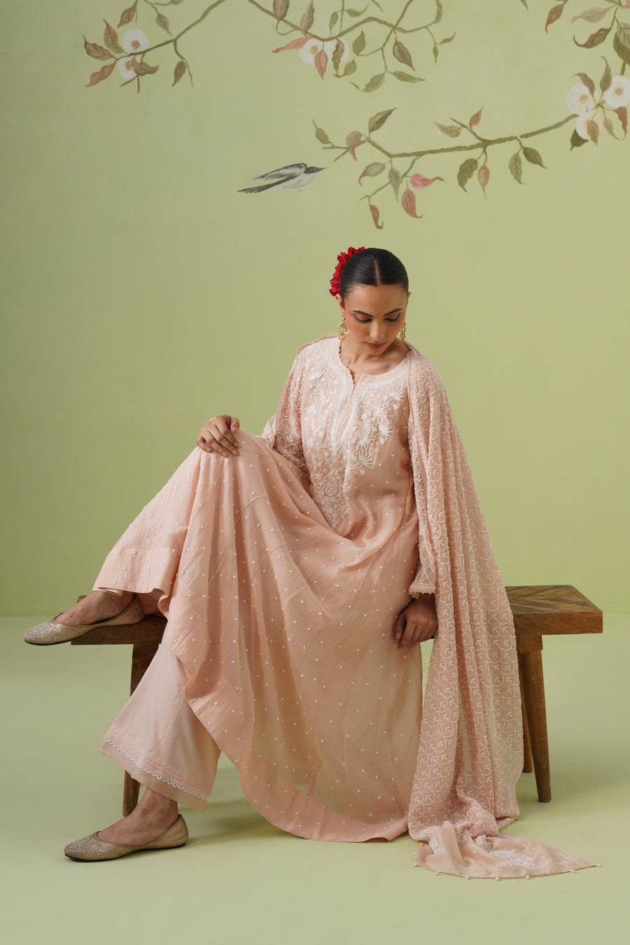 Chikankari Mul Chanderi Anarkali Set - Peach