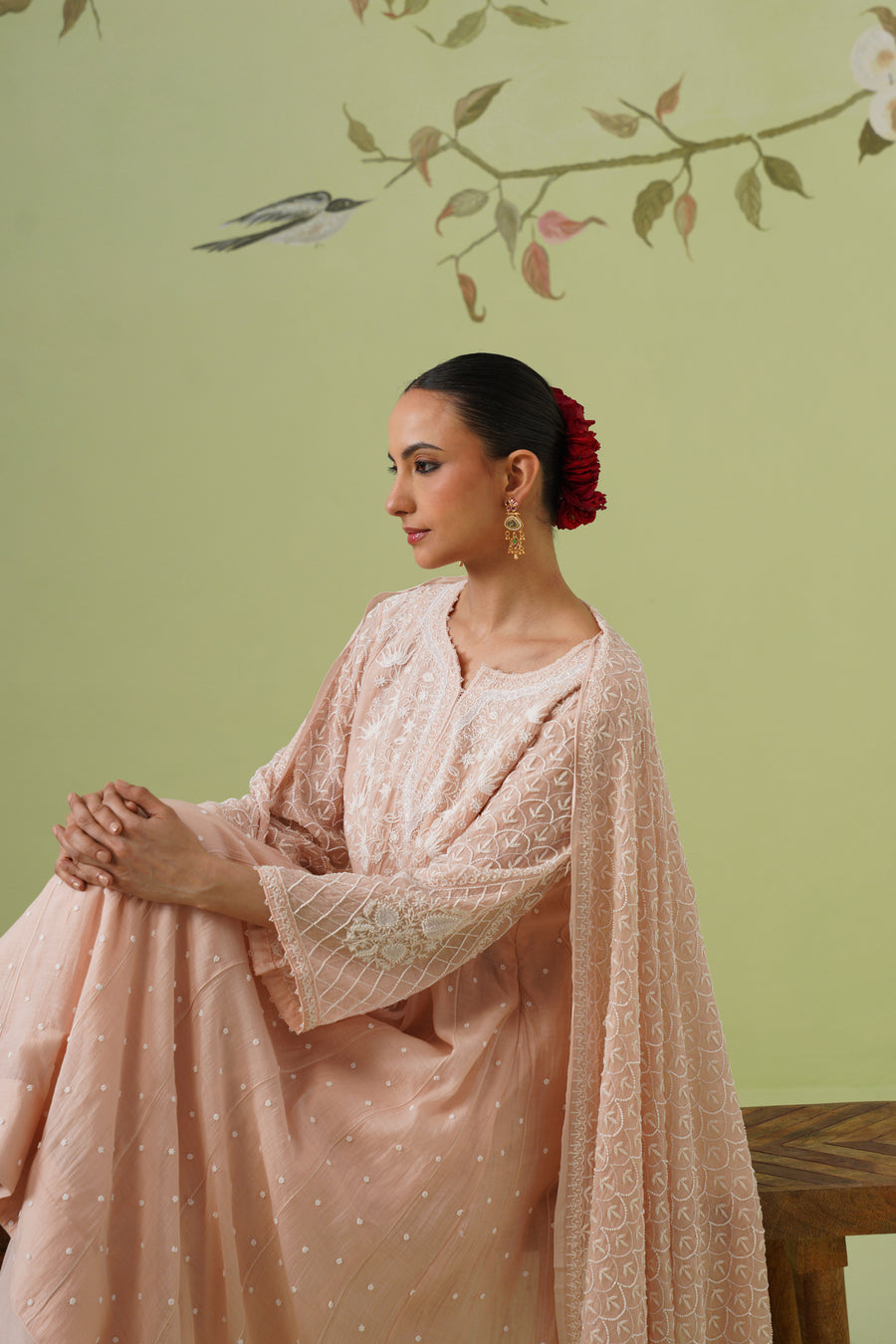 Chikankari Mul Chanderi Anarkali Set - Peach