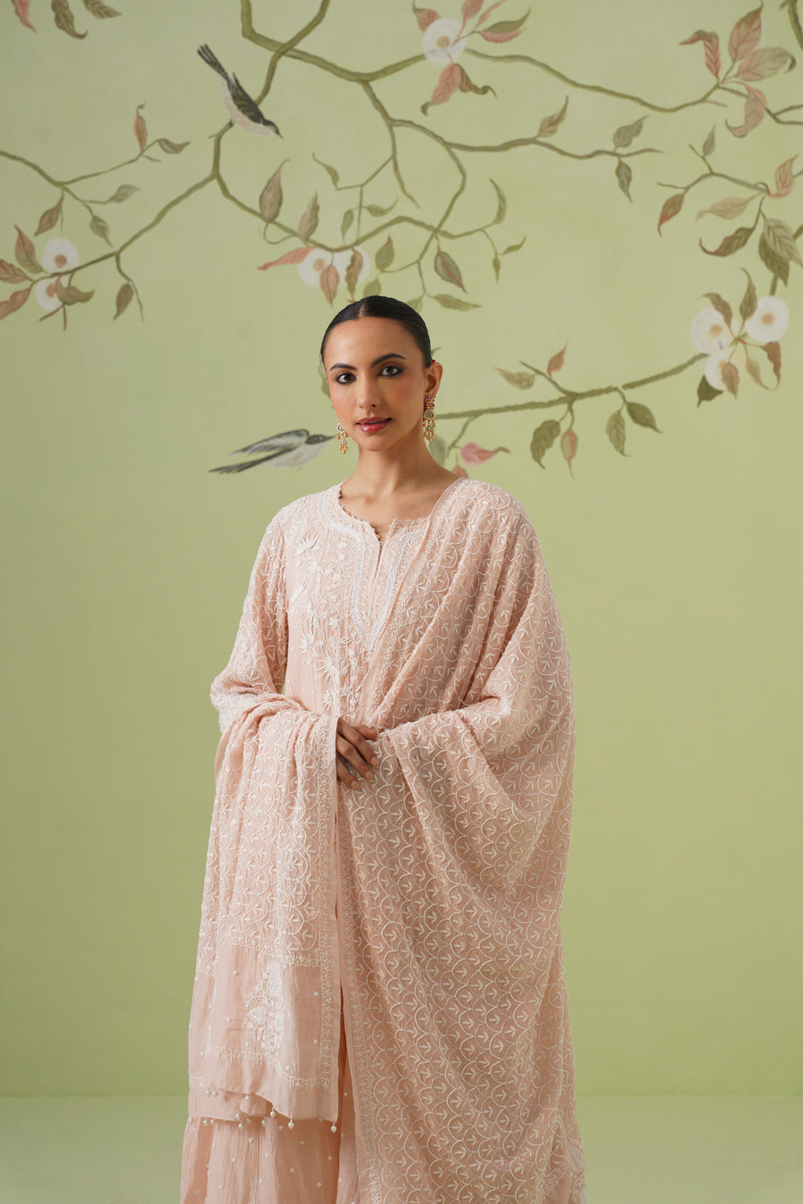 Chikankari Mul Chanderi Anarkali Set - Peach