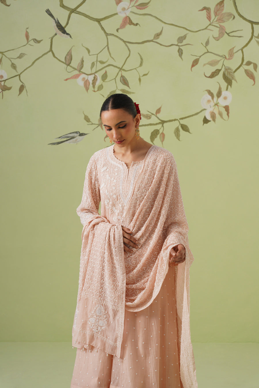 Chikankari Mul Chanderi Anarkali Set - Peach