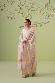 Chikankari Mul Chanderi Anarkali Set - Peach