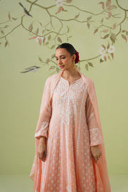 Chikankari Mul Chanderi Anarkali Set - Melon Ombre