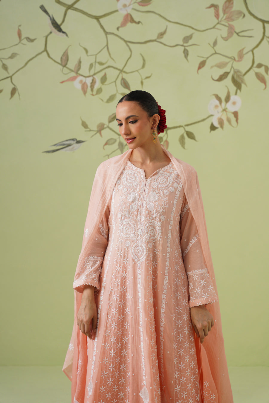Chikankari Mul Chanderi Anarkali Set - Melon Ombre