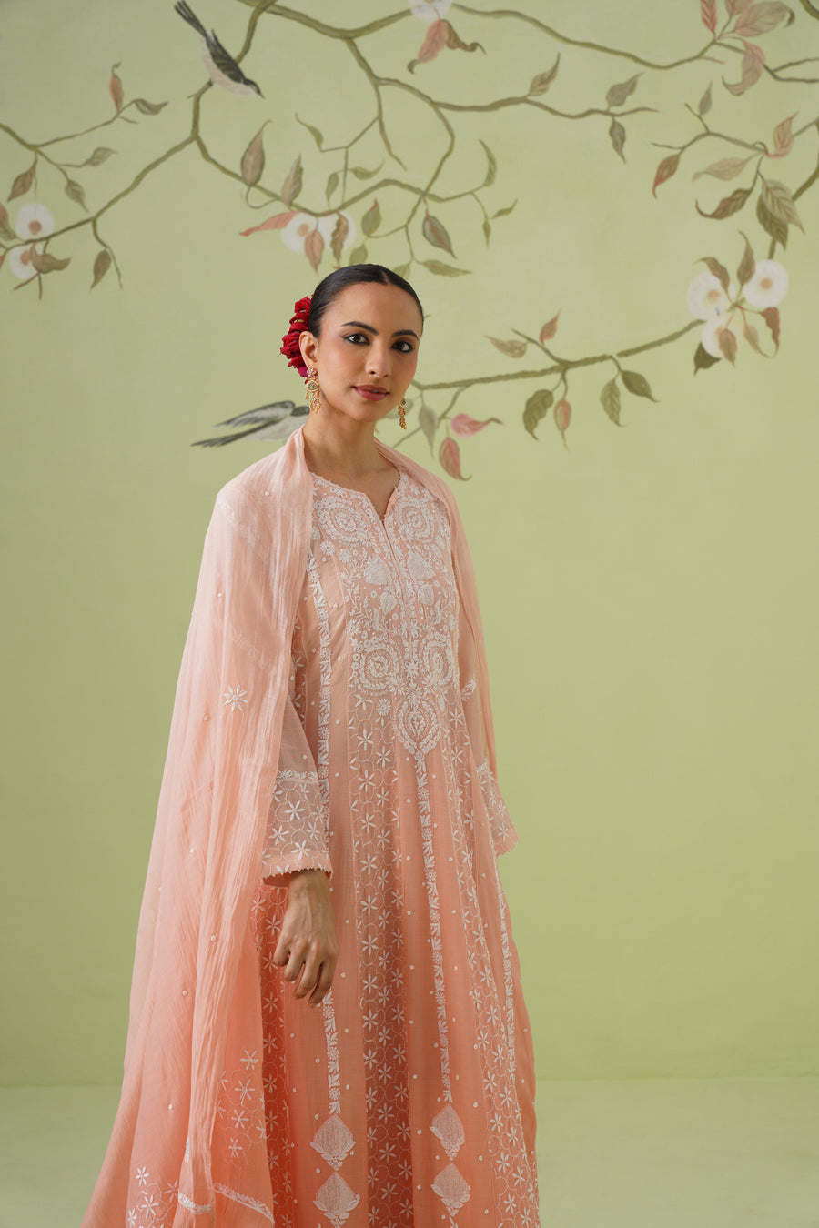 Chikankari Mul Chanderi Anarkali Set - Melon Ombre