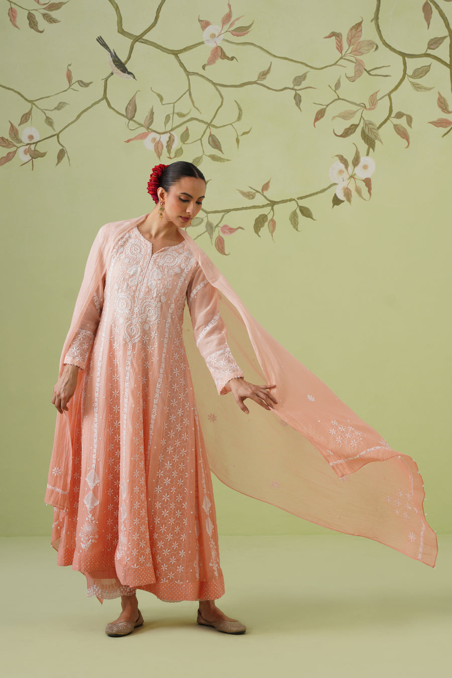 Chikankari Mul Chanderi Anarkali Set - Melon Ombre