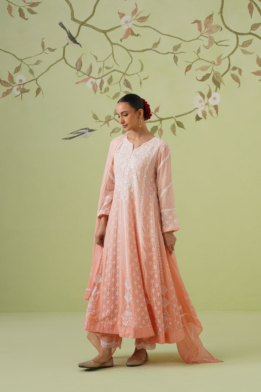 Chikankari Mul Chanderi Anarkali Set - Melon Ombre
