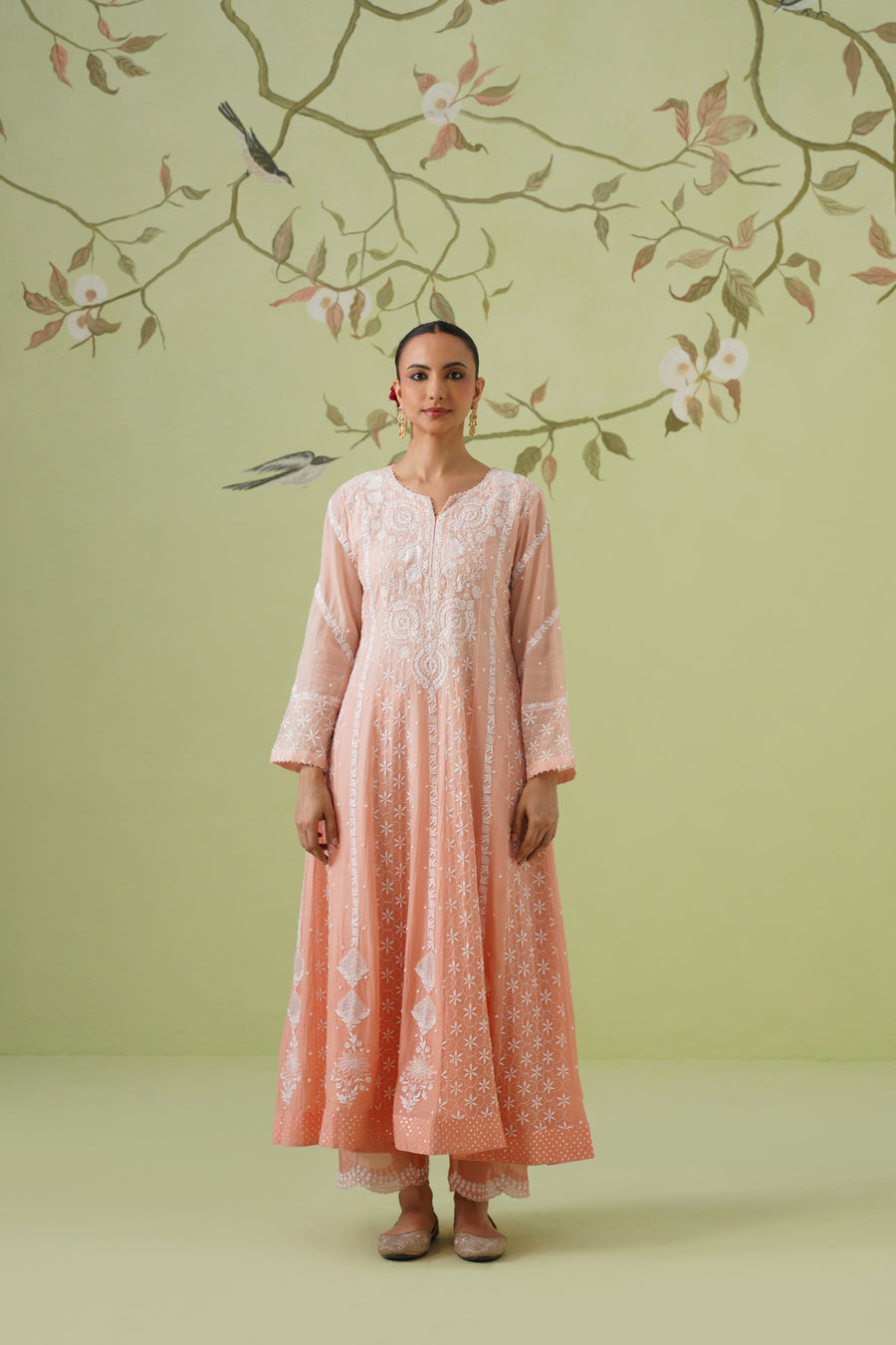 Chikankari Mul Chanderi Anarkali Set - Melon Ombre