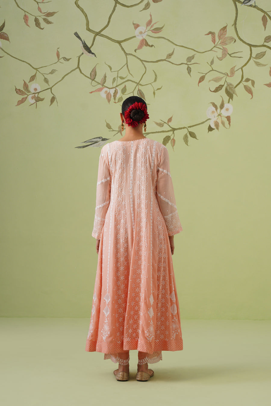 Chikankari Mul Chanderi Anarkali Set - Melon Ombre