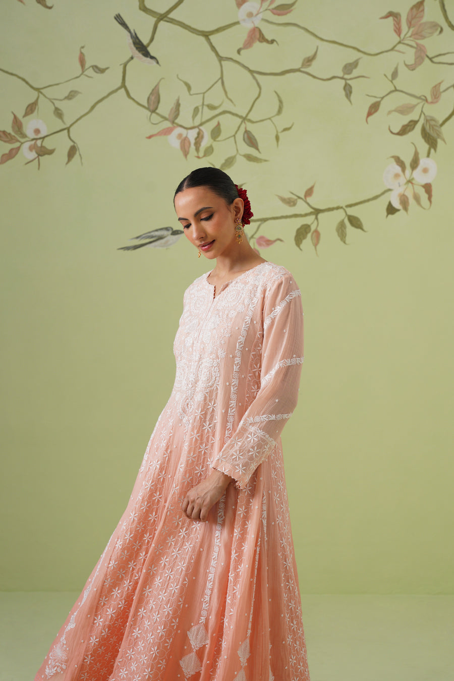 Chikankari Mul Chanderi Anarkali Set - Melon Ombre
