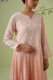 Chikankari Mul Chanderi Anarkali Set - Melon Ombre
