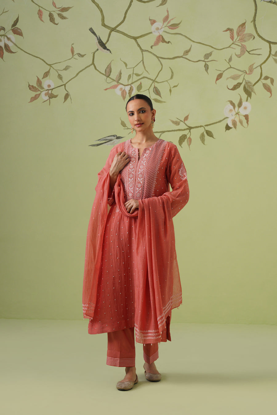 Chikankari Mul Chanderi Suit Set - Burnt Orange