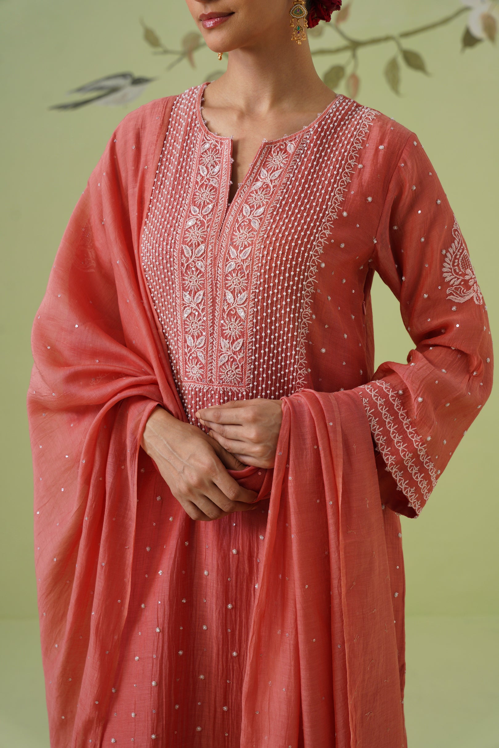 Chikankari Mul Chanderi Suit Set - Burnt Orange