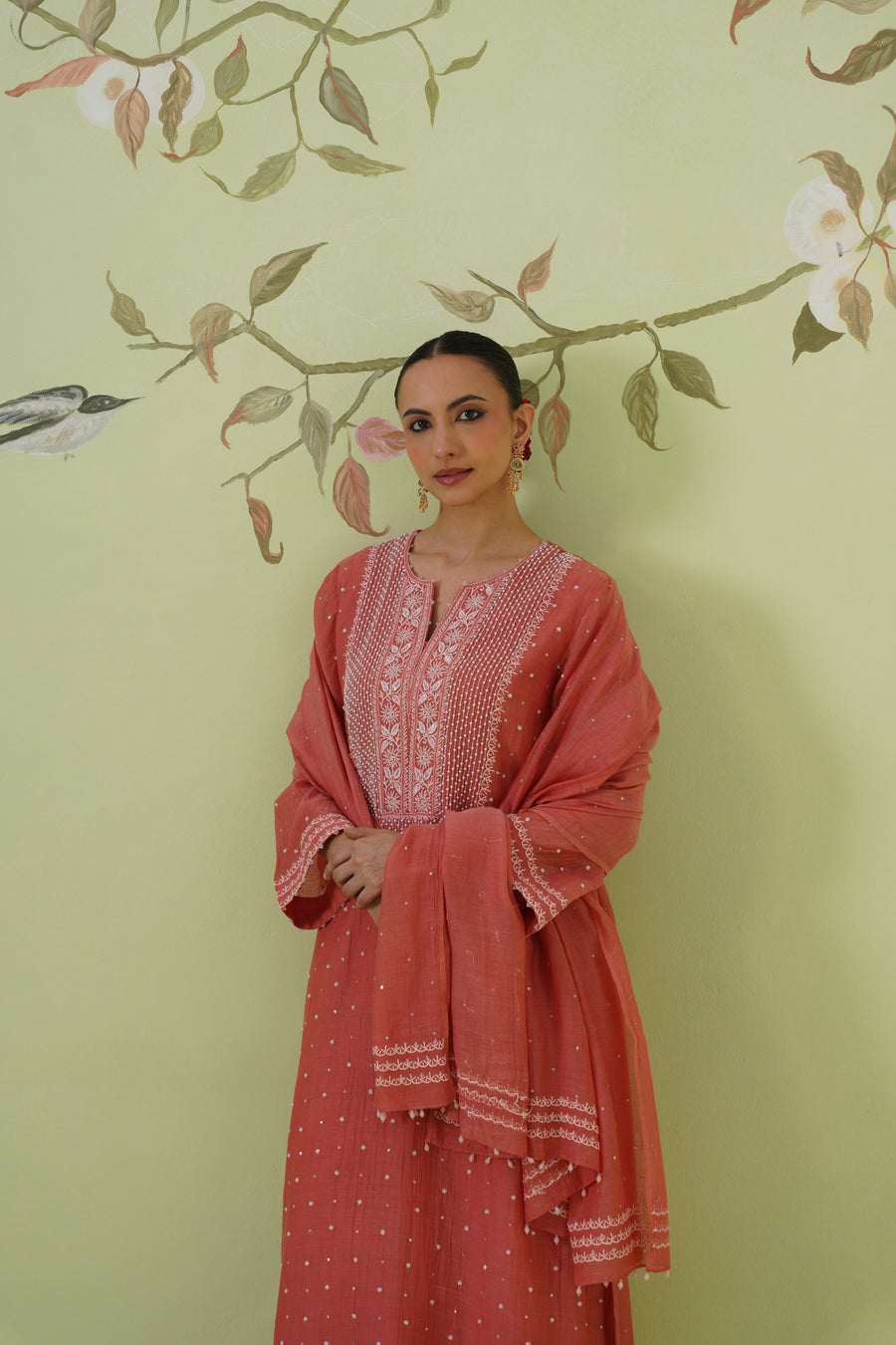 Chikankari Mul Chanderi Suit Set - Burnt Orange