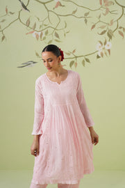 Chikankari Viscose Short Kurta Suit Set - Tea Rose
