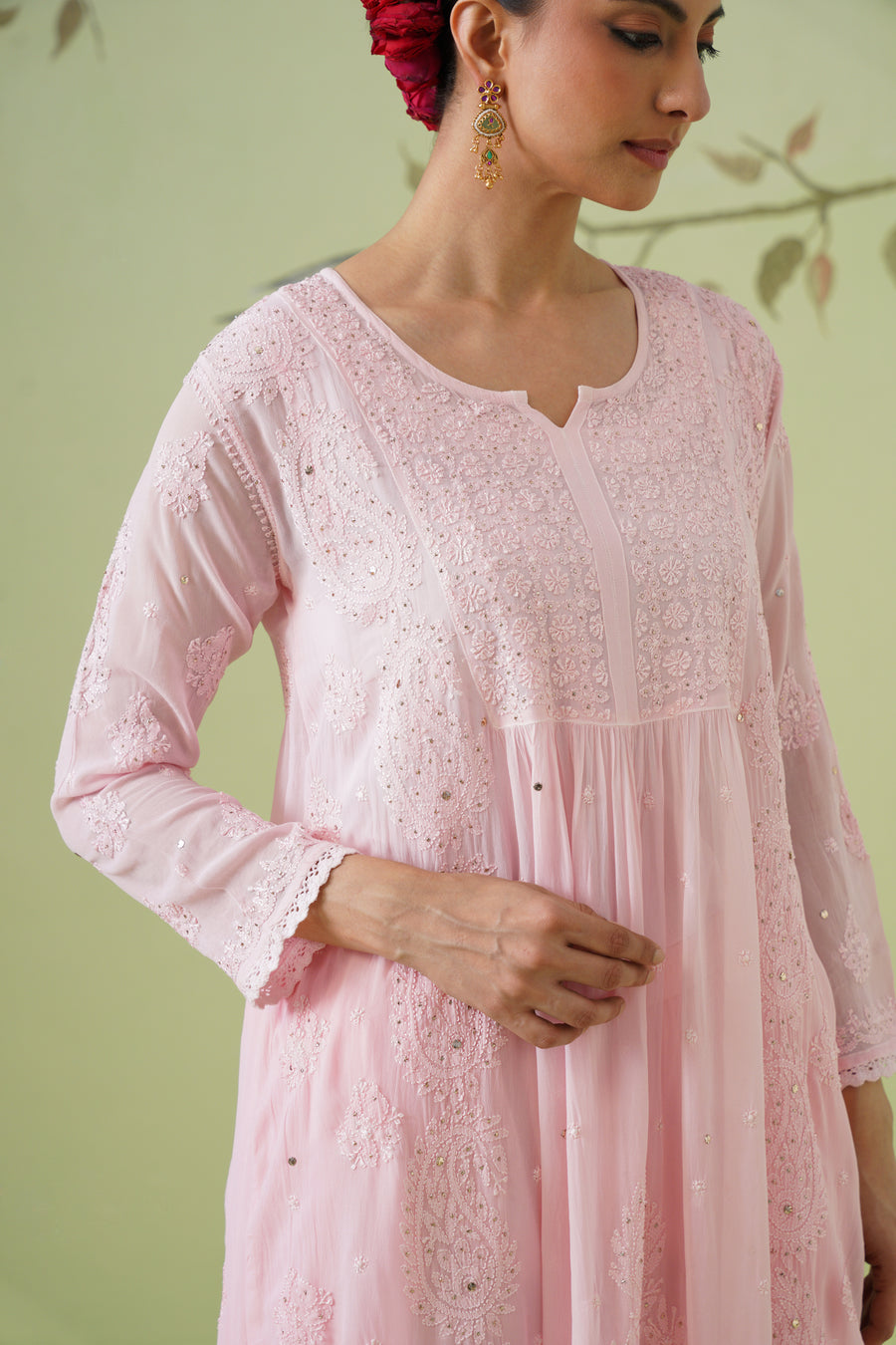 Chikankari Viscose Short Kurta Suit Set - Tea Rose