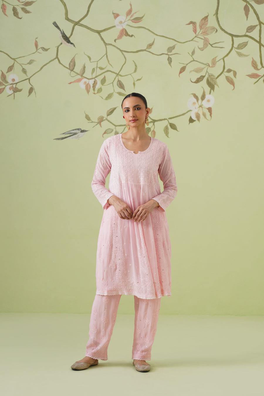 Chikankari Viscose Short Kurta Suit Set - Tea Rose